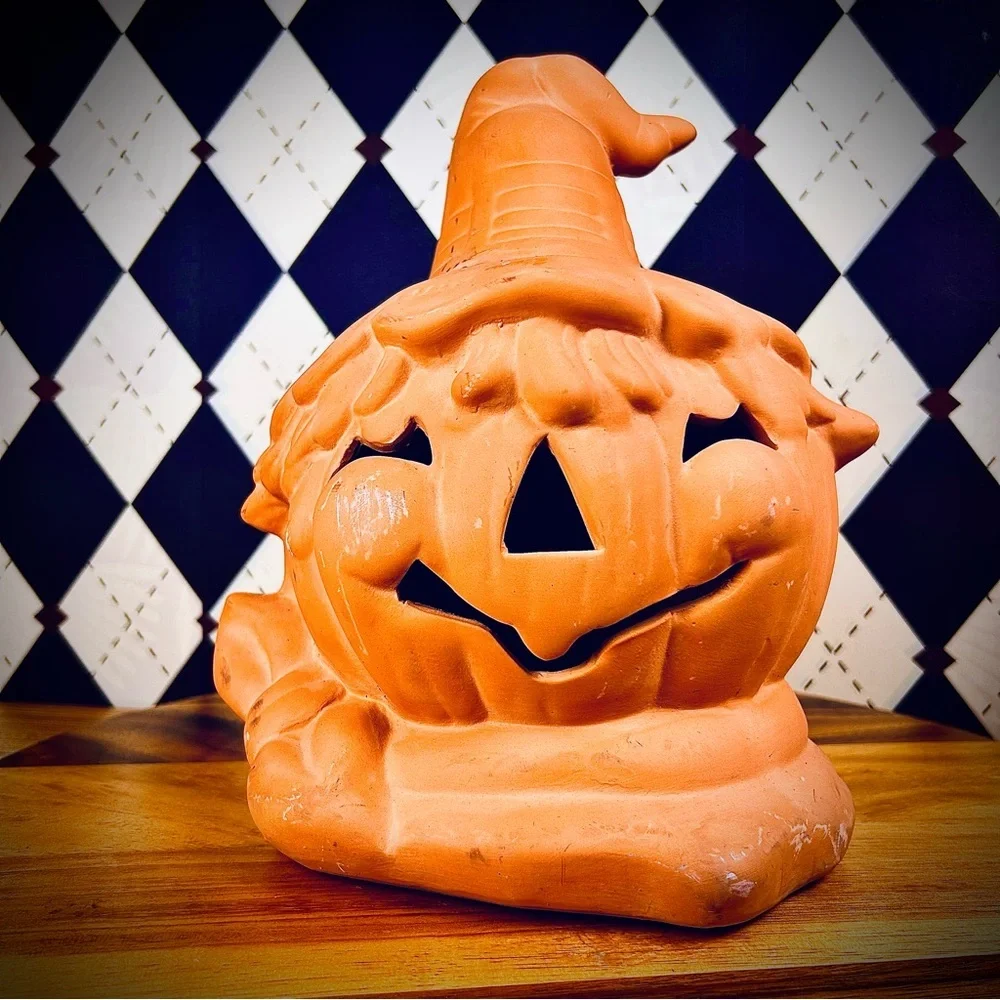 Large Terracotta Jack O‎ Lantern Scarecrow Pumpkin Candle Holder Witch Hat